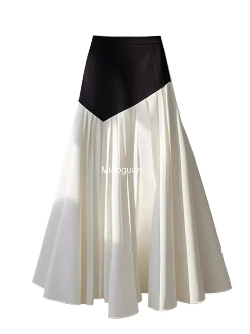 Temperament Contrasting Color Slim Fit A-line Umbrella Skirt Mujer Vintage Long Pleated Skirts New Spring Autumn Fashion Woman‘s