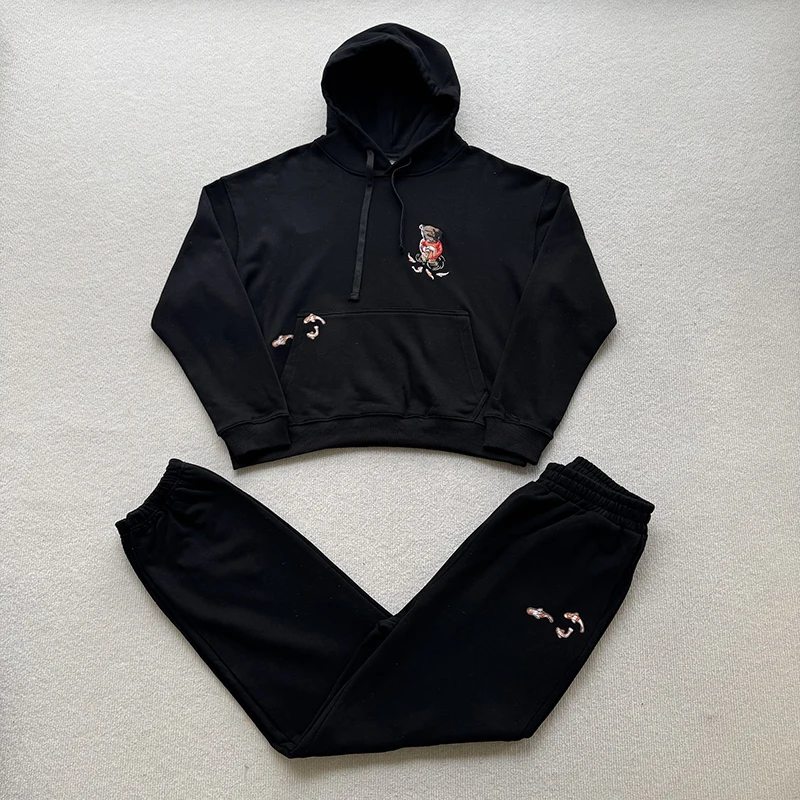 

Derschutze American Style Hoodie Sweatpants Set Men Women Bear Koi Embroidery Casual Sportswear Hooded Sweatshirt Pants Set 2026