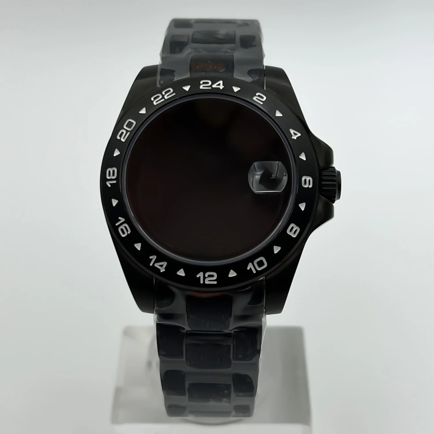 40mm EXP PVD Black Watch Case 24 Hour Fixed Bezel Sapphire Glass For NH34 NH35 NH36 ETA2824 PT5000 Movemen Stainless Bracelet