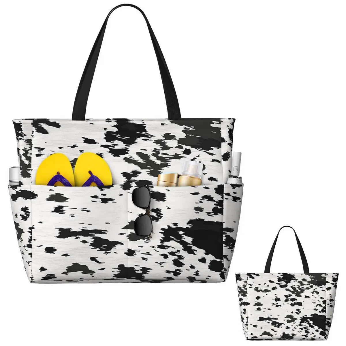 

Cow Hide Black And White Beach Tote Bag Sport Gym Yoga Duffle Large Tote Bag Women Travel Bag Fitness bag