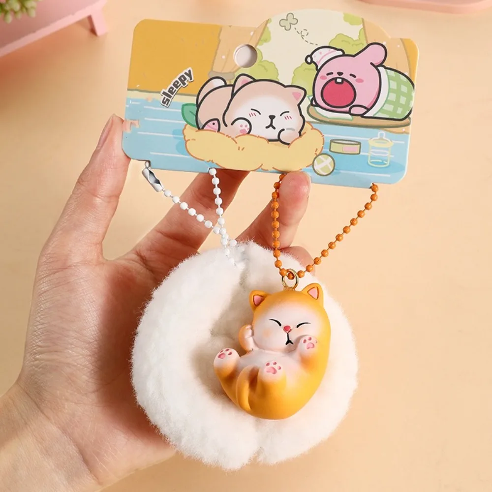 Creative Cartoon Sleepy Cat Nest Car Keychain Cute Plush Doll Student Backpack Animal Small Pendant Gift