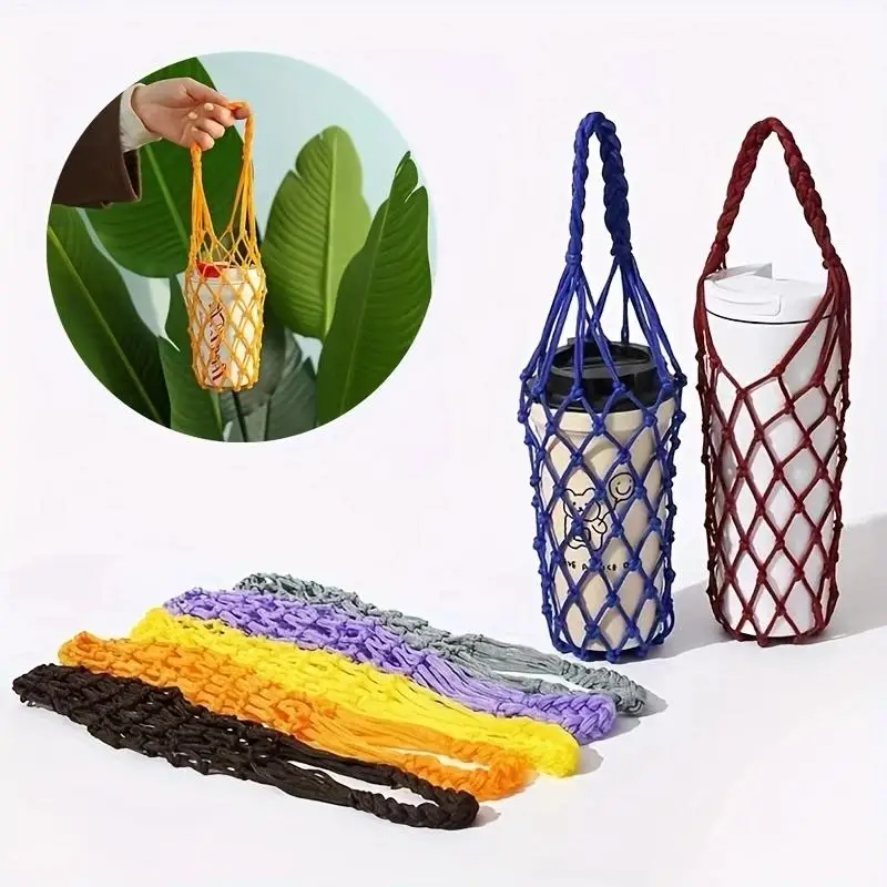 

Portable Crochet Cup Holder Coffee Cup Bag Hollow Out Bottle Bag Mugs Bag Foldable Woven Net Water Bottle Bag Cup Cover