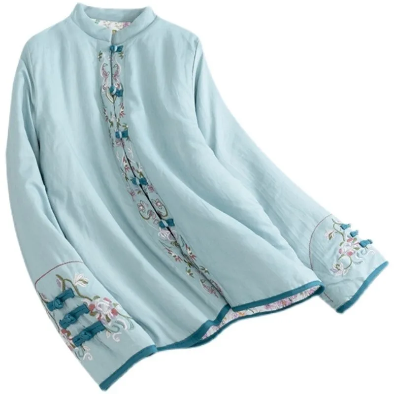 Women Vintage Cotton Embroidery Cotton Jacket Thick Coat Harajuku Plate Buckle Standing Collar Lapel Cotton Coat Single Breasted