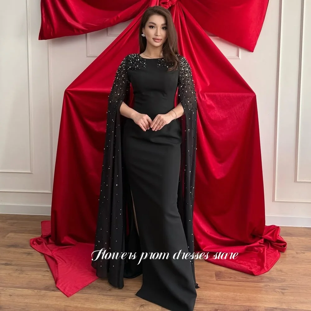 

Flowers A Line Party Dress Pearls Prom Dress Evening Dress with Flare Sleeve for Arabic Women vestidos de novia Customized