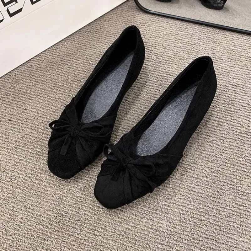 Women Square Toe Suede Ballet Flats Bow Knot Slip‑on Soft Comfortable Daily Casual Dress Flat Shoes