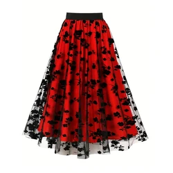 Women's High Waist Embroidered A-line Skirt, Floral Print, Double Layer Mesh, Elegant Loose Long Skirt, Plus Size