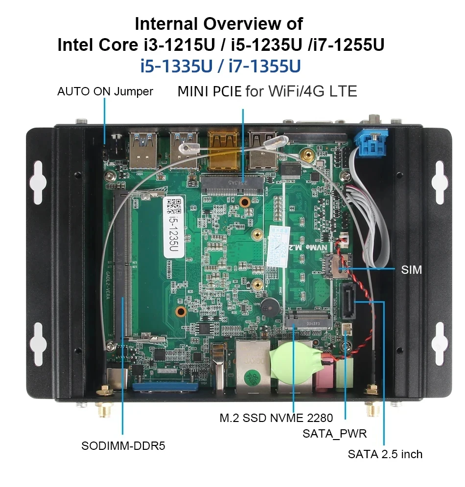 XCY 팬리스 IoT 산업용 미니 PC 인텔 코어 I5-1335U 2개 COM RS232 포트 2개 LAN 포트 8개 USB 포트 WiFi SIM 4G LTE 윈도우 10/11 리눅스 PXE WOL 지원 썸네일 4