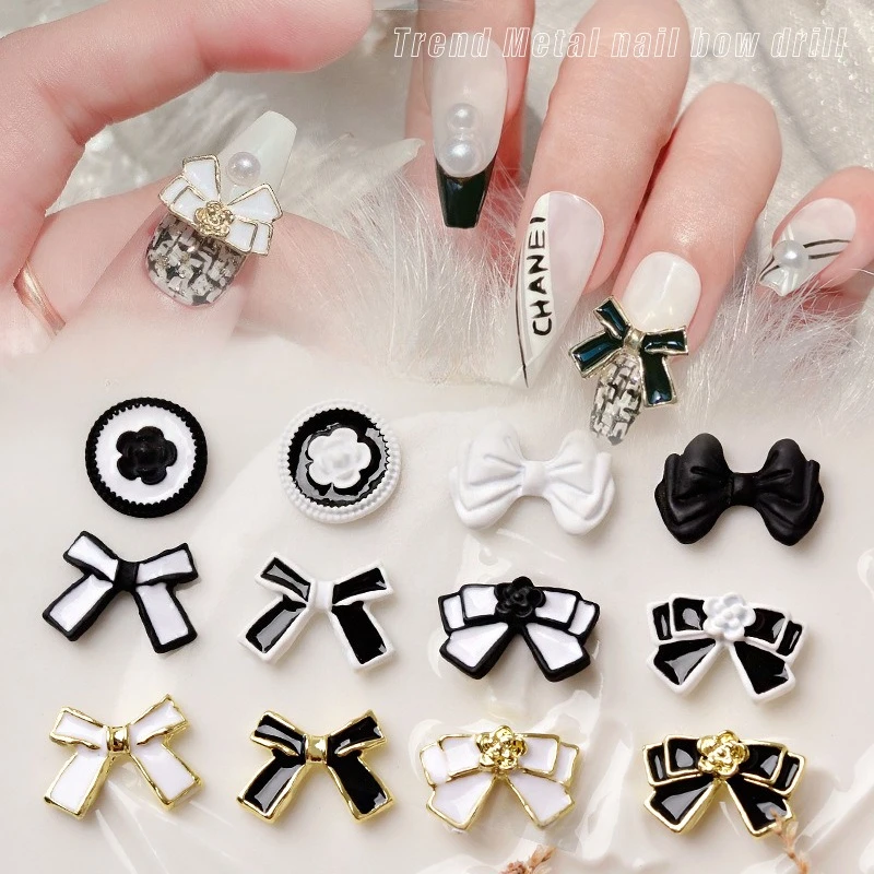 10Pcs Camellia Bow Alloy Nail Charms Japanese Style Black Metal Rhinestone Ornaments DIY Nail Art Manicure Decor Set
