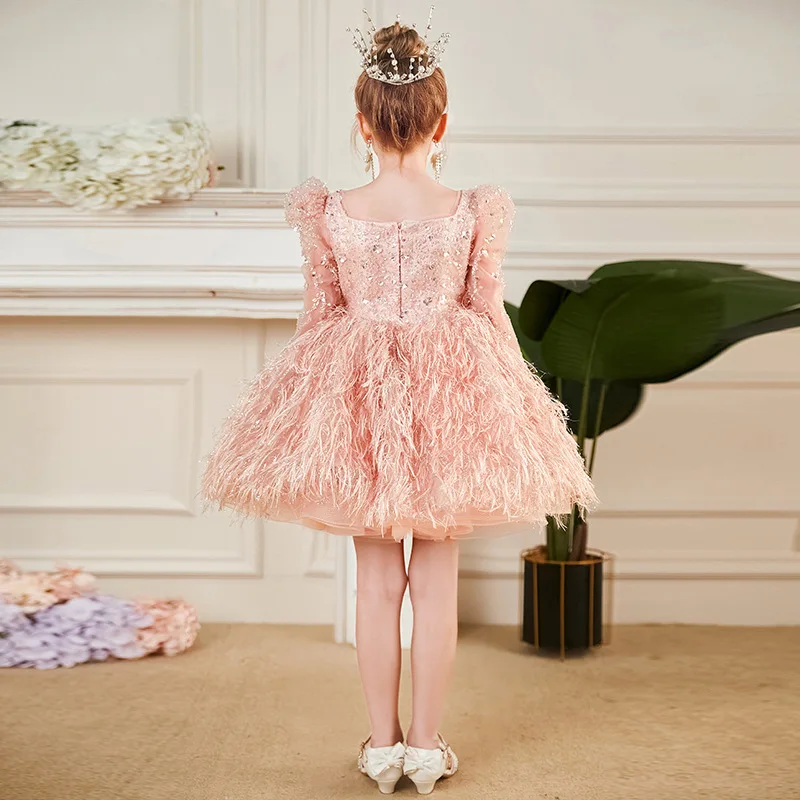 Robe d'anniversaire à plumes pour petites filles, tutu luxuriant gonflé, robe à paillettes, manches longues, robes d'automne, photoshoots pour adolescentes