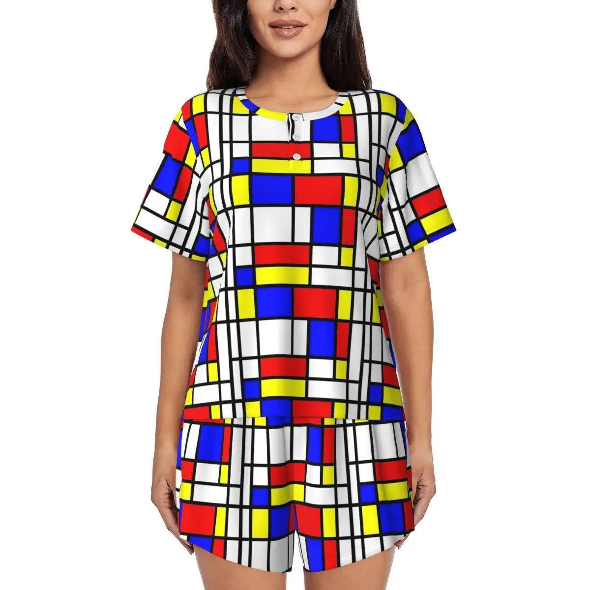

Retro Mondrian Print Pajamas Short Sleeve 2 Pieces Aesthetic Pajama Sets Spring Woman O Neck Lovely Sleepwear