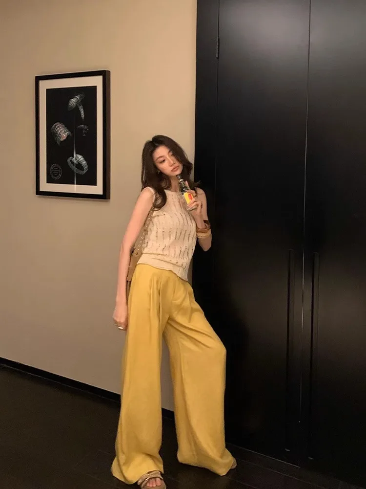 

Faionable Hollow out Breathable Skin-Friendly oulder Bared Vest round Ne Ice Silk Svel Knitted Women's Top