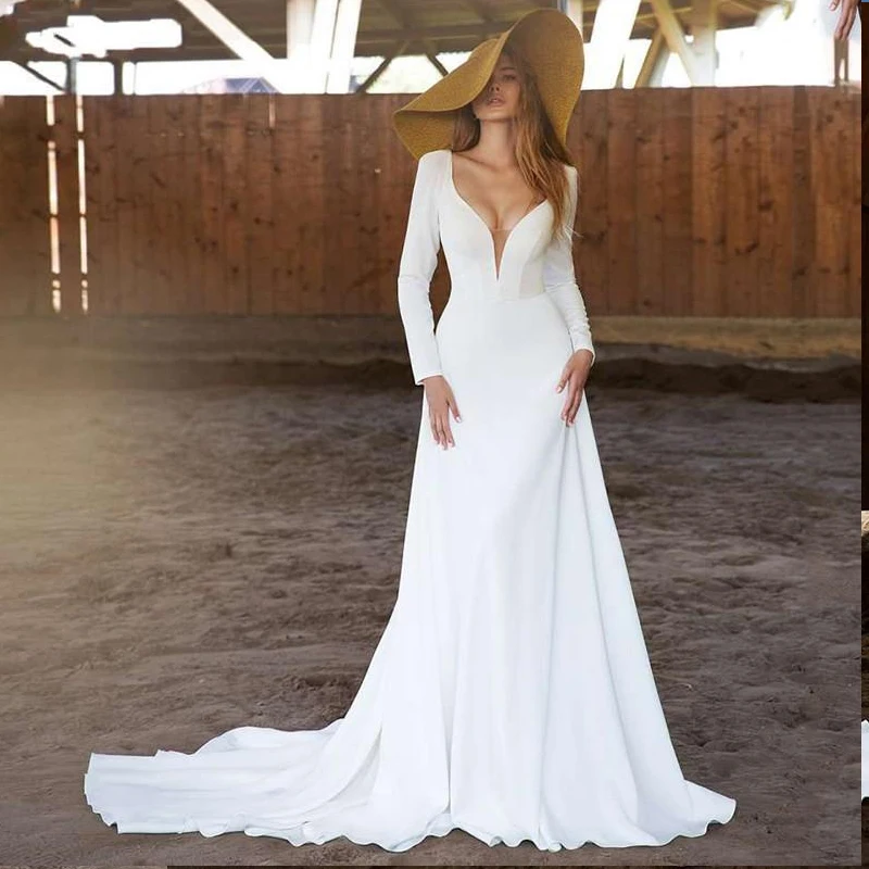 Simple Long Sleeves Wedding Dresses 2024 Sexy Deep V Neck Bridal Gown Backless Sweep Train Civil Robe De Mariee Country Marriage