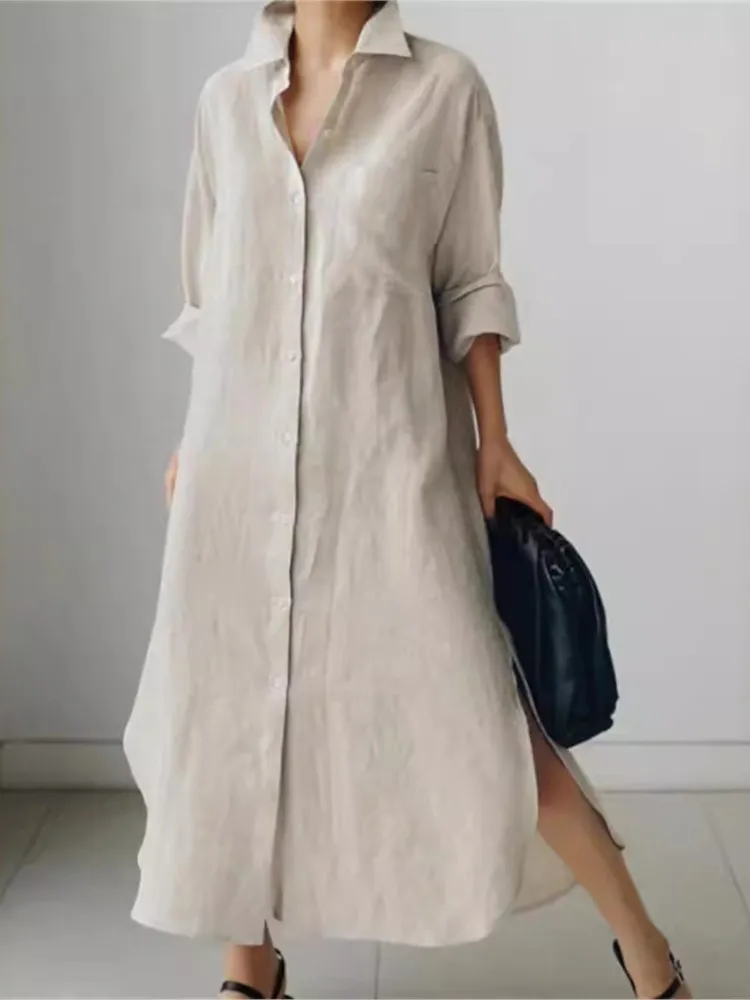 

Casual Solid Shirt Dress For Women Fashion Office Long Sleeve Turn-down Collar Button Loose Dresses Robe Femme Holiday Clothes
