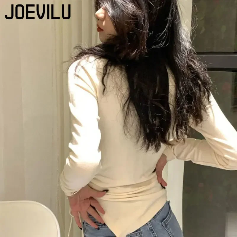 JOEVILU Shirring Irregular Tops Turtleneck Thin Velvet Bottom Shirt Niche Thermal T-shirt Female Korean Slim Aesthetic T-shirt