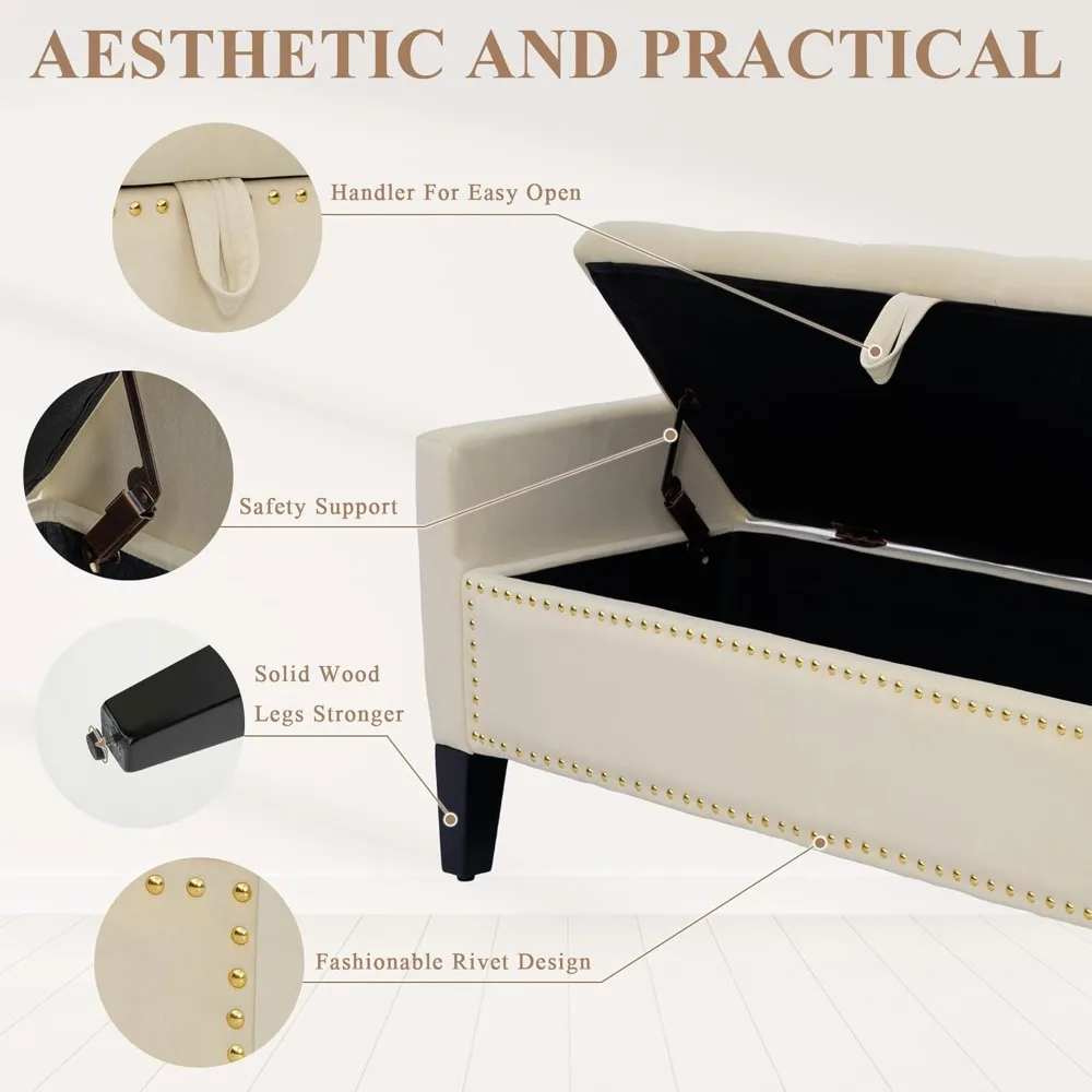 مسند تخزين حديث بأذرع، مقعد معنقدة بزر منجد مقاس 45 بوصة لنهاية السرير، أثاث غرفة المعيشة مع نعل تخزين #5