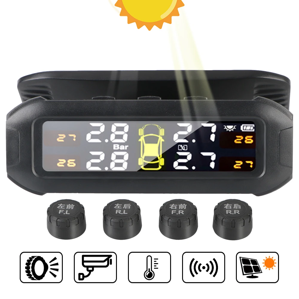 

Car Tyre Pressure Monitor Tire Pressure Monitoring System With 4 External Sensors Solar TPMS Temperature Warning Fuel Save