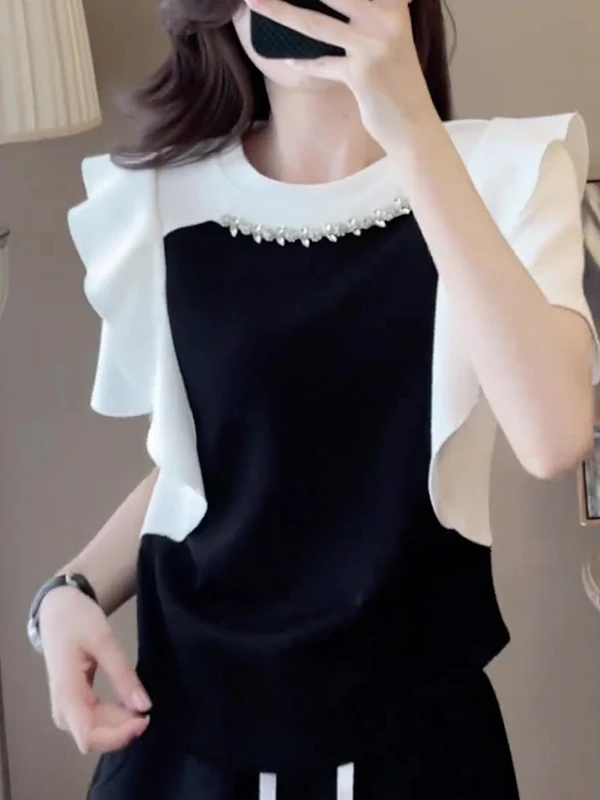 

Ele Color Blo T-irt Women's Summer Faionable ort Sve Diamond Embedded Design Heavy Work Straight Cut Top