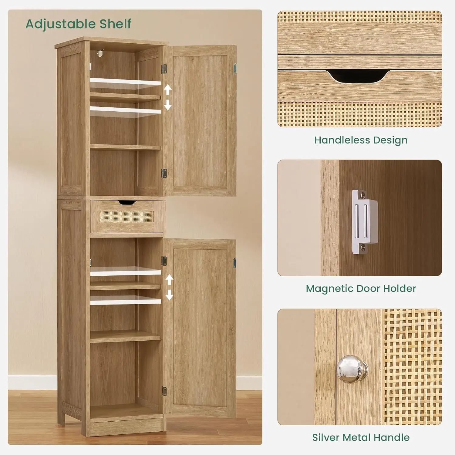Tall Narrow Storage Cabinet With Doors, Handwoven Rattan Bathroom Cabinet With Adjustable Shelves, Freestanding Linen Storage Organizer Tower For Living Room Entryway Kitchen, Natural Wood Tone view 5