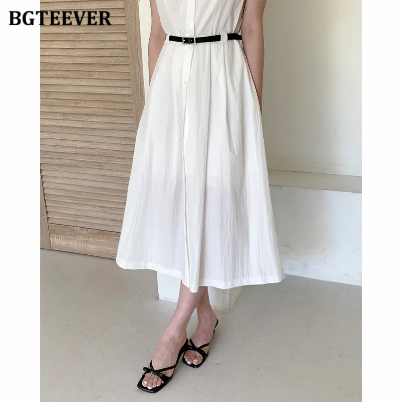 BGTEEVER Abito camicia da donna a maniche corte vintage a vita sottile Abito estivo a trapezio femminile monopetto con cintura