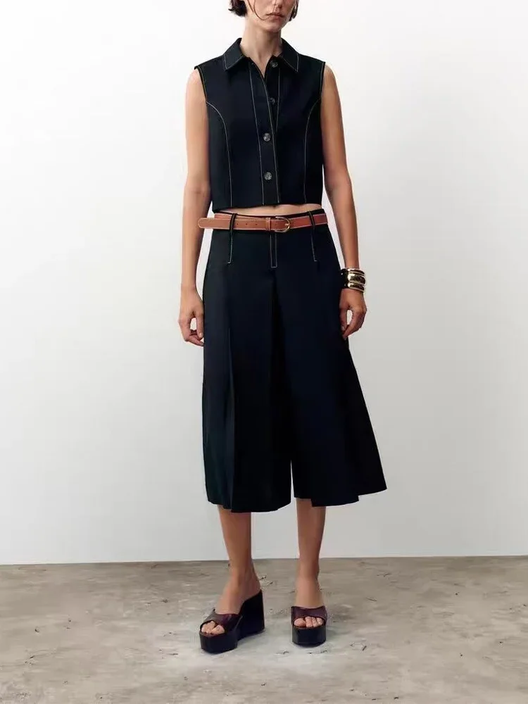 

European and American style autumn new arrivals women's clothing fashionable lapel vest with belt and shorts suit