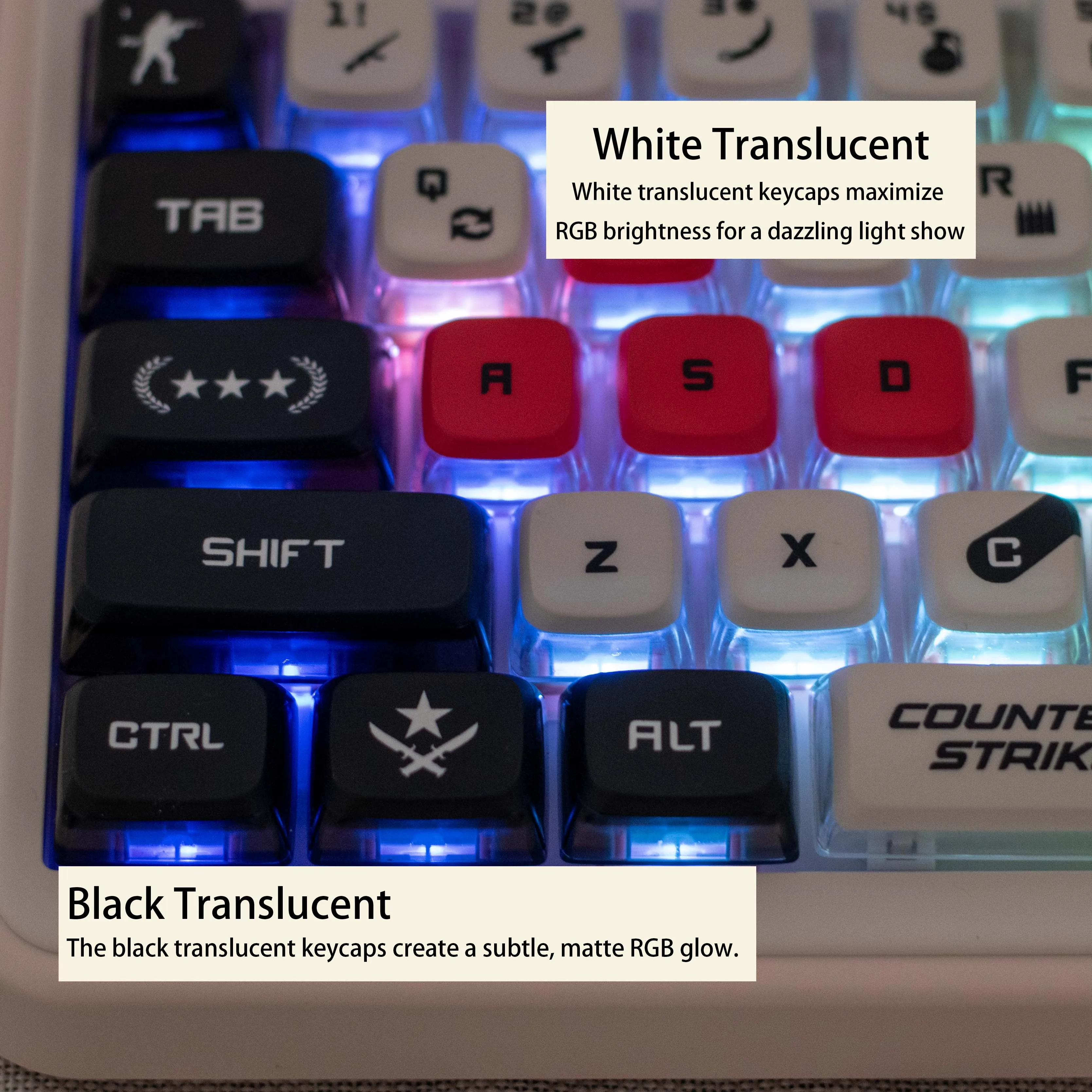 CS keycaps CS2 keycaps 119 keys full set ASA Profile  PBT dye sub keycaps Pdding keycaps Light Translucent support