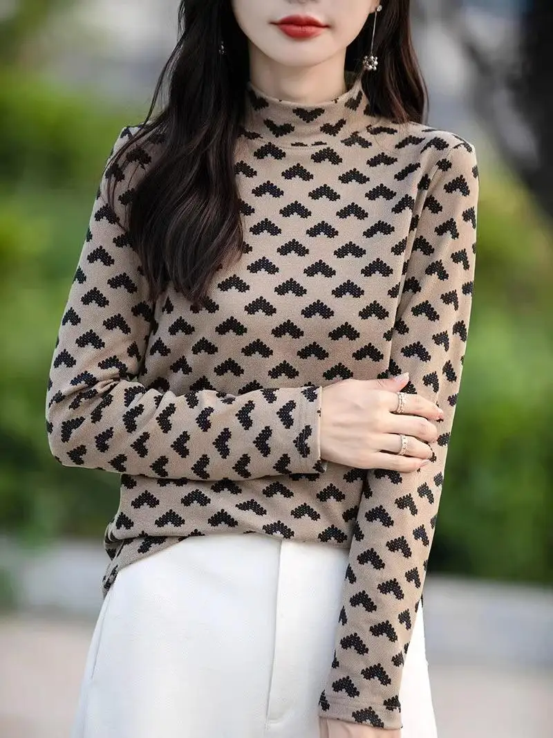 Double-Sided Velvet Print fling High Ne Long Sve Women's Base irt Warm Thermal Inner Wear Top for Autumn Winter