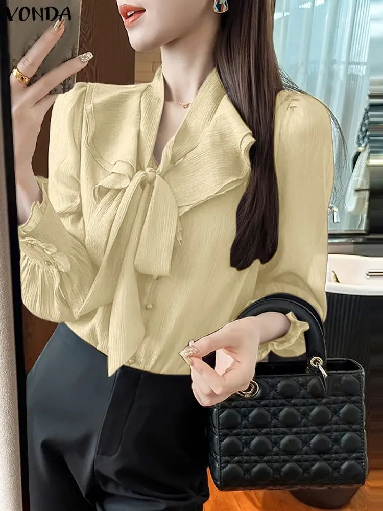 فوندا بلوزة أنيقة الصلبة المرأة طويلة الأكمام ضمادة القوس طوق مكتب موضة قميص للسيدات تكدرت الشارع الشهير Blusas الإناث #2