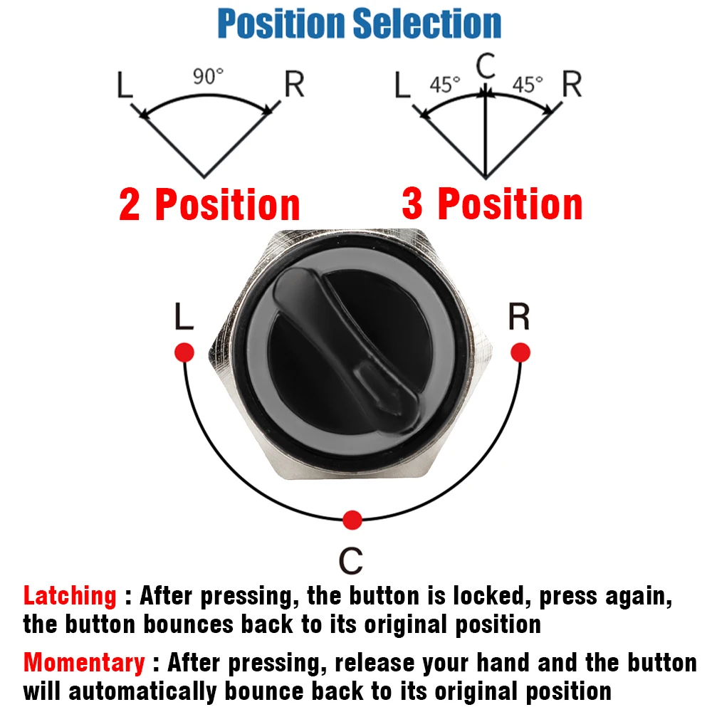 16MM 19MM 22MM Self-return Self-locking Waterproof DPDT Illuminated Metal Selector Knob Rotary Switch 2 3 Position LED Lamp Red