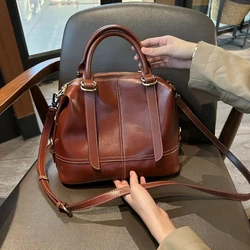 2024 Winter Autumn Big Capacity Retro Tote Vegetable Tanned Cowhide Leather Women's Handbag Green Yellow Quality Shoulder Bag