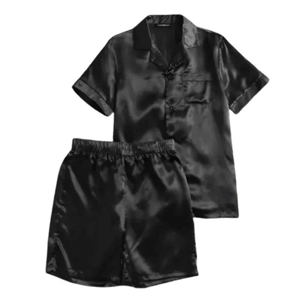 

Men's Solid Pajamas Sets Short Sleeve Button-up Tops + Shorts Satin Silk Sleepwear Homewear Nightgown Lounge Sleep Bottoms Suits