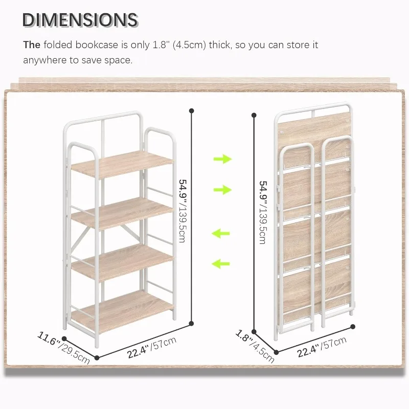 Assembly Folding Bookshelf, 4 Tier Vintage Industrial Book Shelf,Metal Foldable Storage Bookcase and Bookshelves for Livi