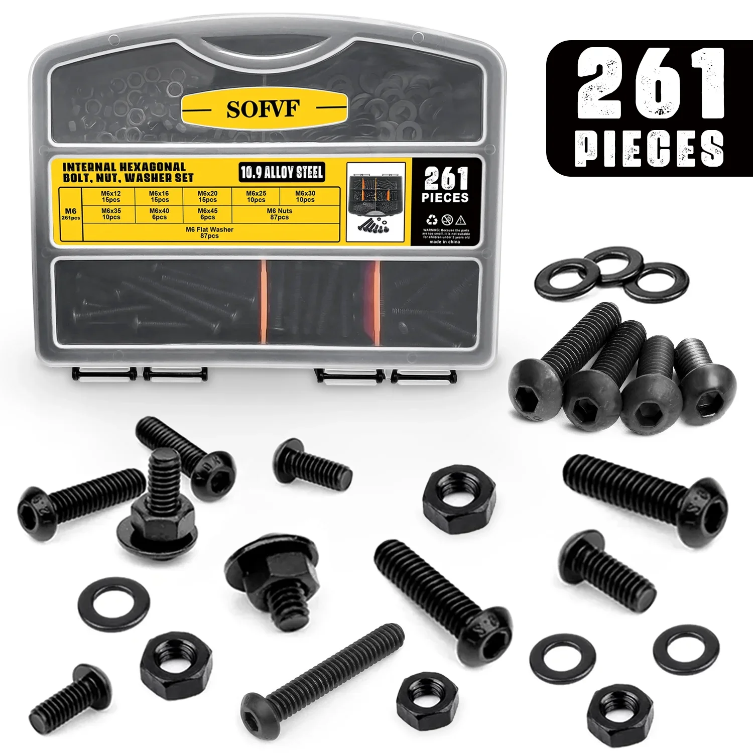 261-Piece M6 Round Head Bolt Combo Set. Black Carbon Steel with Zinc Plating. Button Head Hex Socket Bolts, Nuts and Washers.