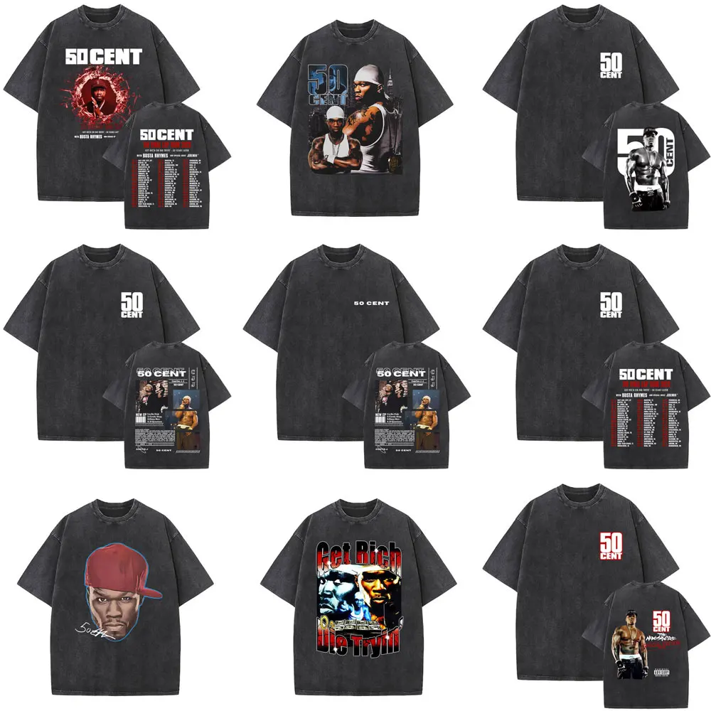 

Washed Vintage Rapper 50 Cent Graphic T-shirt Men Women Hip Hop Retro Oversized T Shirt Men's Fashion Casual Short Sleeve Tshirt