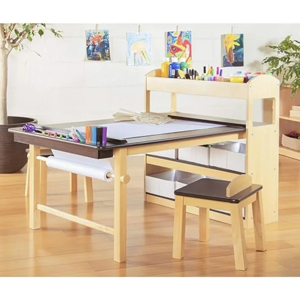 Deluxe Art Center: Kids Arts and Crafts Table and Chairs Set with Storage Shelves, Bins, Paper Roll for Drawing and Painting