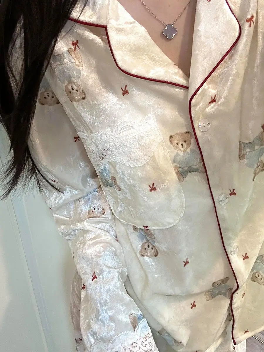 

Pajamas Homewear Suit Women's New Cardigan Pajama Long Sleeved Pants Loose 2-piece Set home clothes Spring and Fall Sleepwear