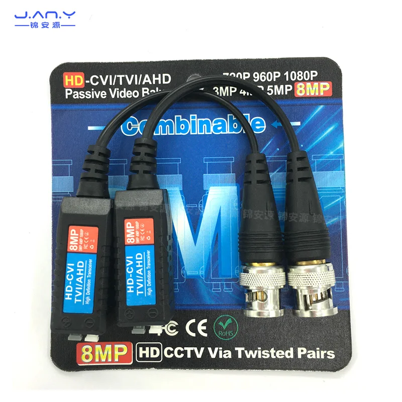 HD Card Line Transmissor, passiva Coaxial, Conversão par trançado, BNC conector para Network Line Extender, 8MP