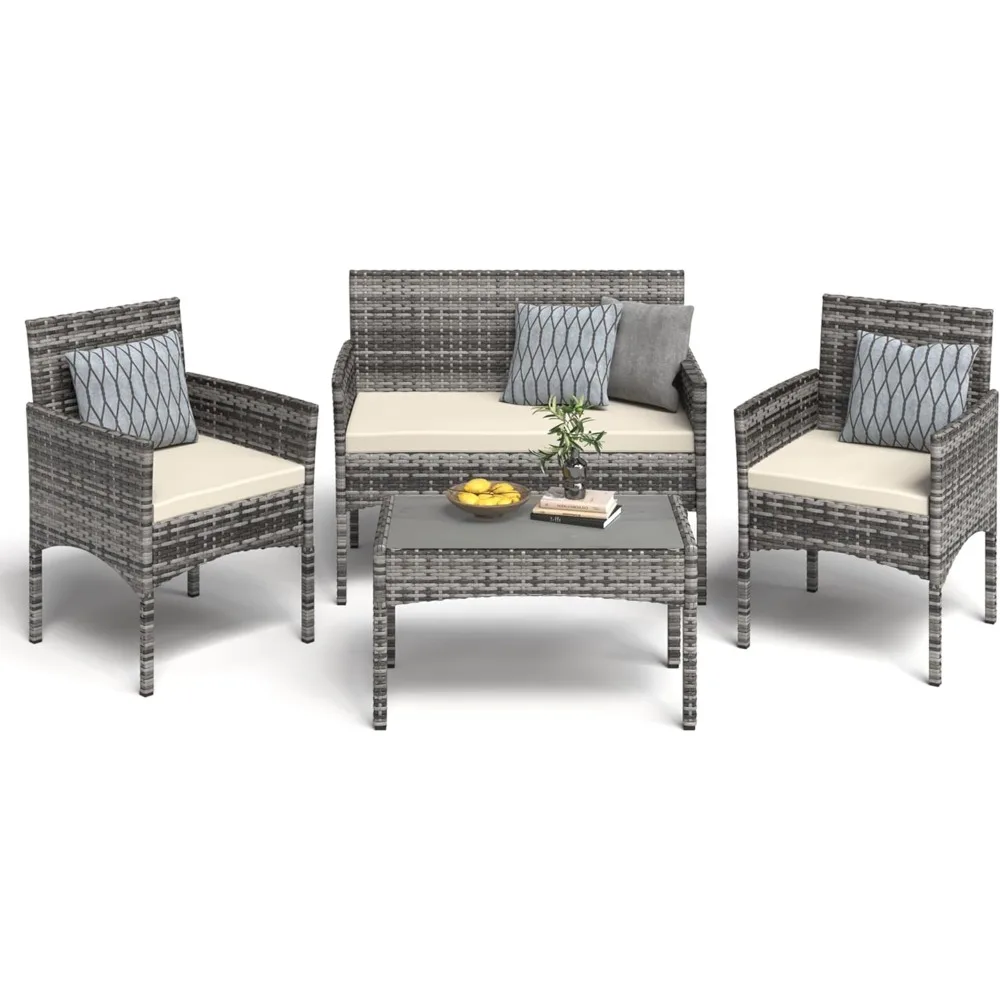 

4 Pieces Patio Furniture Set, Outdoor Wicker Rattan Patio Conversation Furniture Set with Waterproof Cushion and Table for Lawn