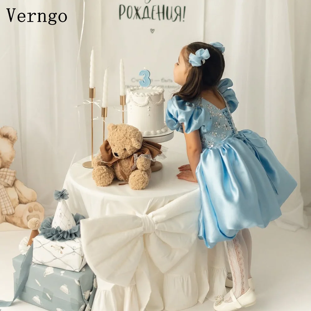 

Verngo Blue Satin Girl Flowers Dress Sequined Short Sleeves Princess Birthday Party Dress Elegant Mini Kid Gowns Customized