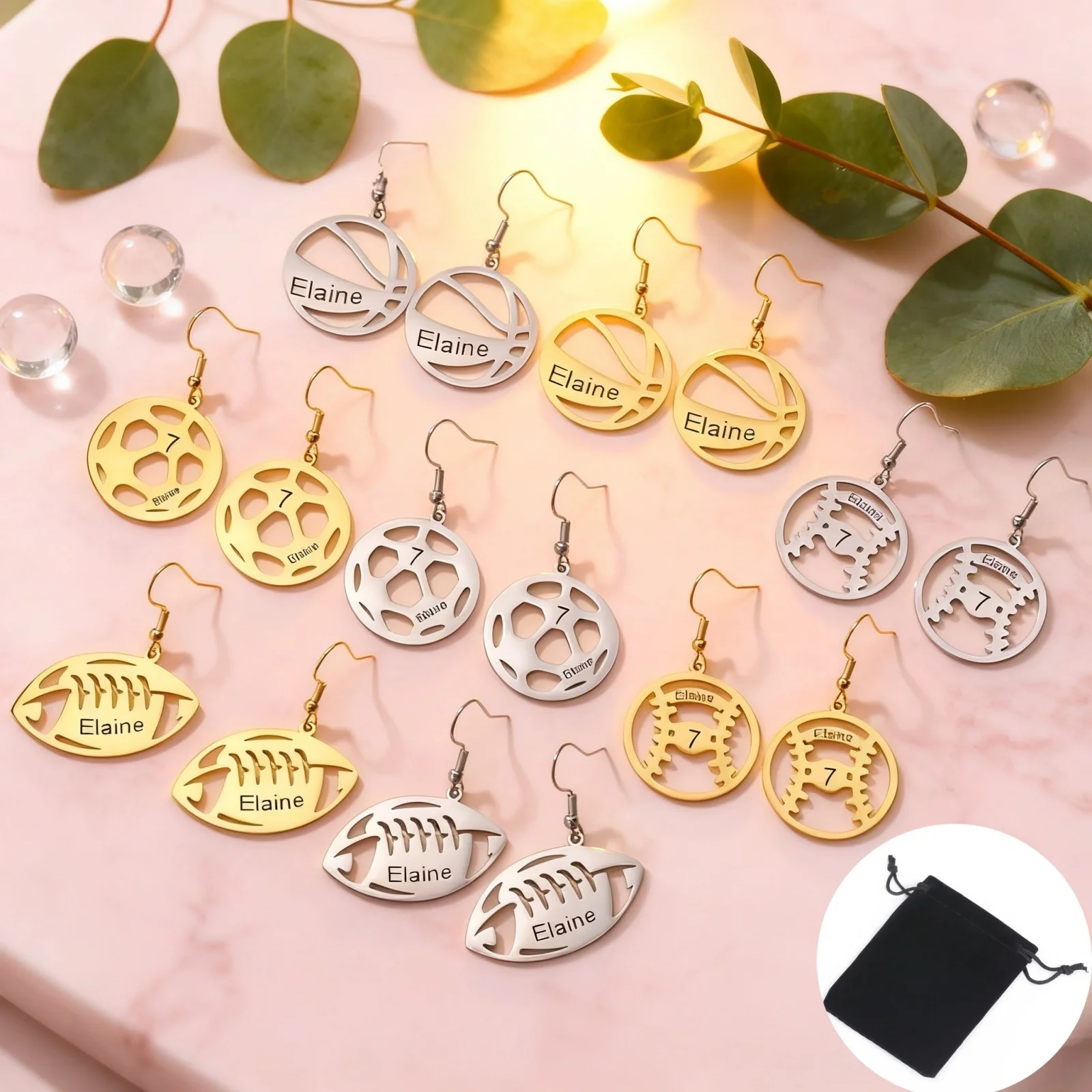 Personalisierter Name, Datum, Text, Volleyball, Fußball, Basketball, Rugby, Baseball-Ohrringe, Edelstahl-Kugel, Sport-Ohrringe, Schmuck