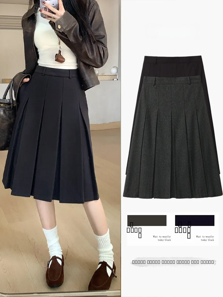 

Осенне-зимняя вязаная юбка А-силуэта, женская юбка миди, плиссированная, с заниженной талией, имитация шерсти, для повседневной носки и офиса