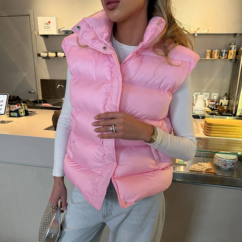 TARUXY Womens Stand Collar Sparerib Padded Jacket Solid Sleeveless Zipper Pocket Lightweight Warm Padded Vest Autumn Winter Coat