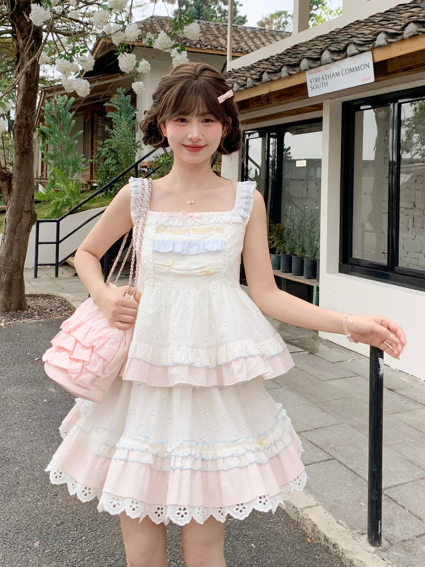 

Mengniyubu Women's Embroidered Hollow out Design Summer Set Cake Skirt Contrast Color Fly Sleeve Strap Top Zipper Closure Cas...