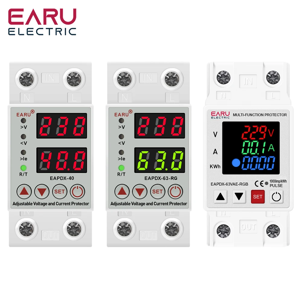 Dual Display 40A 63A 230V Adjustable Digital Over Under Voltage Relay Protective Device Limit Over Current Protection Din Rail