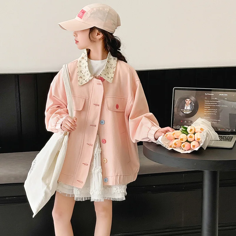 

Весна и осень 2025 года, модная повседневная куртка для детей 7-15 лет с иностранными лацканами и цветочным принтом, повседневная свободная индивидуальная трендовая универсальная куртка