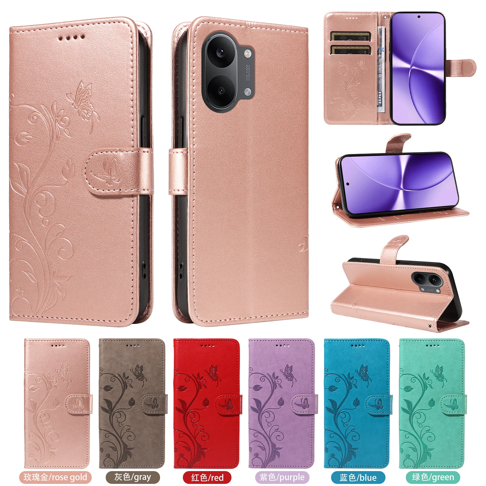 Leder-Brieftaschenhülle für Redmi Note Turbo 5 15 14R 15R 14C 15C 15A A4 A5 A7 K8 K90 Pro Max |   Blumen-Prägedesign