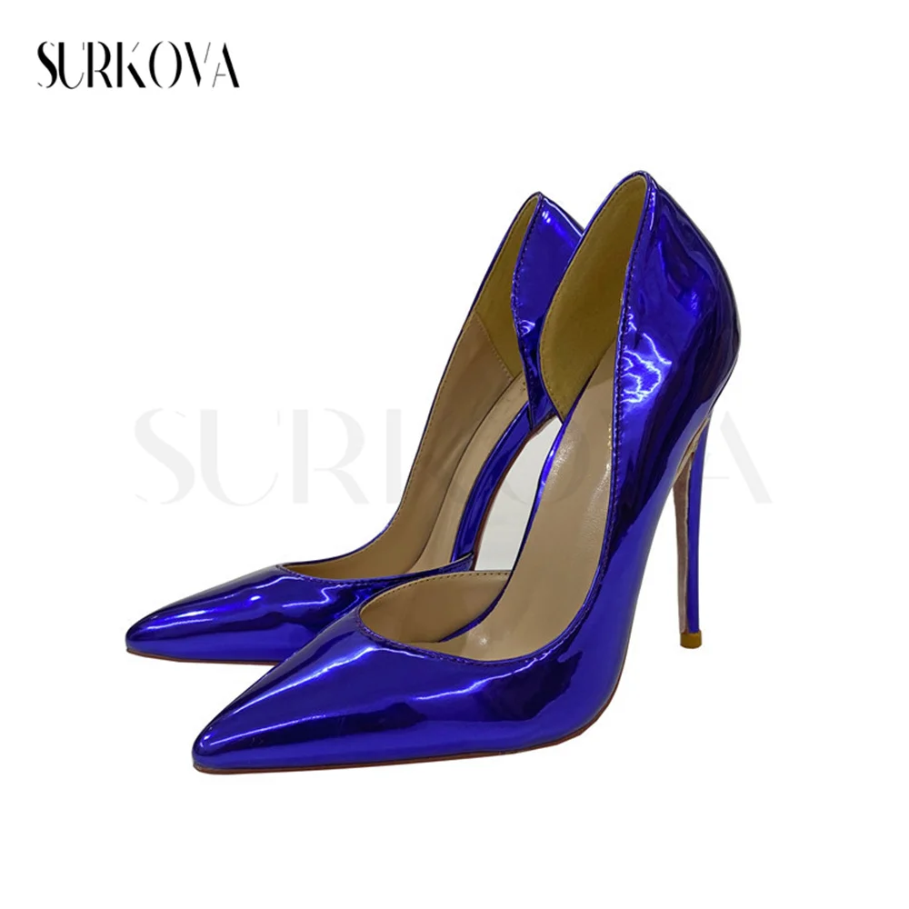 

2023 New Patent Leather Side Empty High Heels Pumps 8/10/12Cm Point Toe Thin Heel Shallow Mouth Shoes Soft Leather Women's Shoes