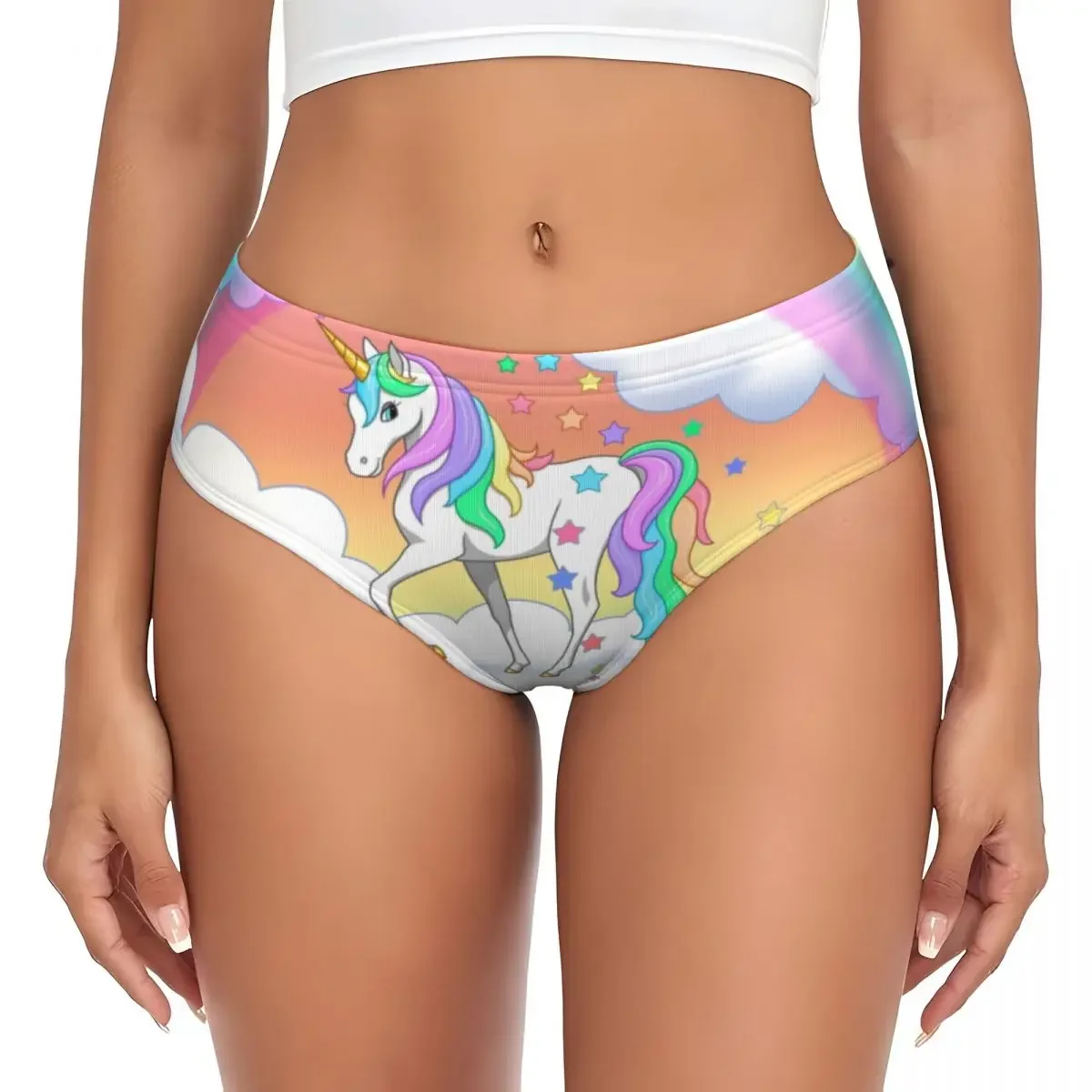 

Custom Pretty Rainbow Unicorn Falling Stars Briefs Underwear Womens Breathable Stretch Panties