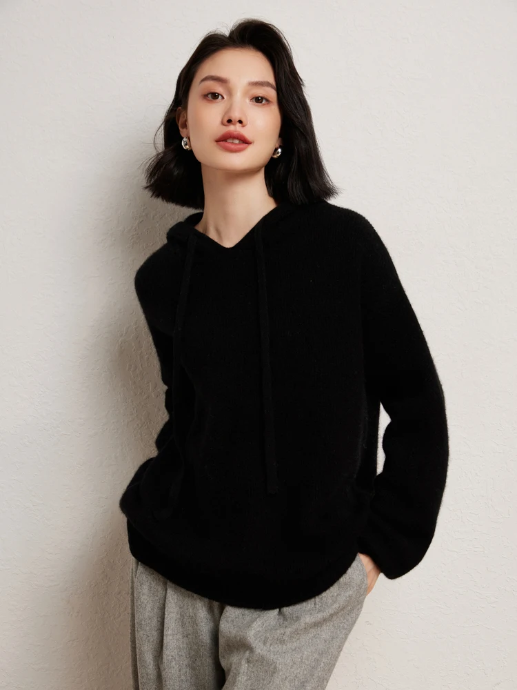 TLOML Women Cashmere Hooded Pullover Sweater 100% Cashmere Knitwear Autumn Winter Thick Warm Soft Lazy Casual Style Clothing Top