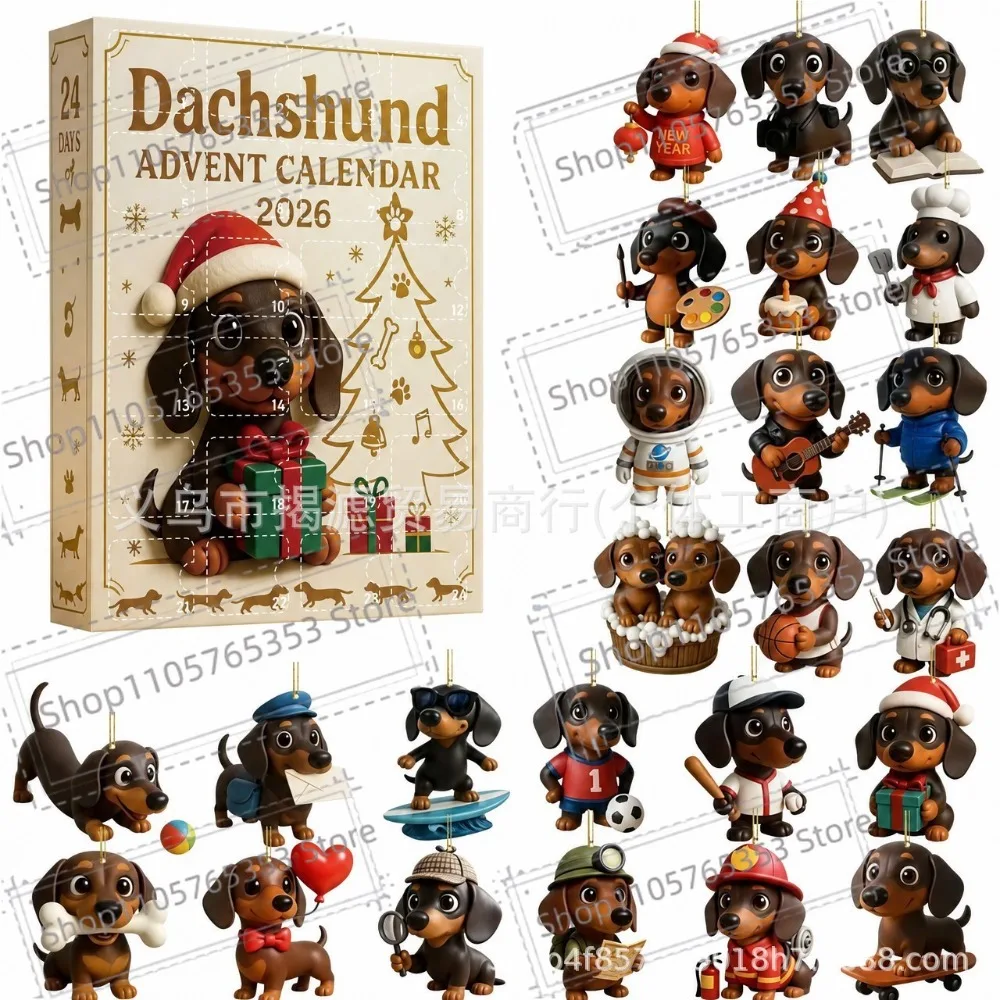2026 Cute Dog Christmas Advent Calendar 24 Days Countdown Calendar 3D Pendant Dachshund Christmas Decoration