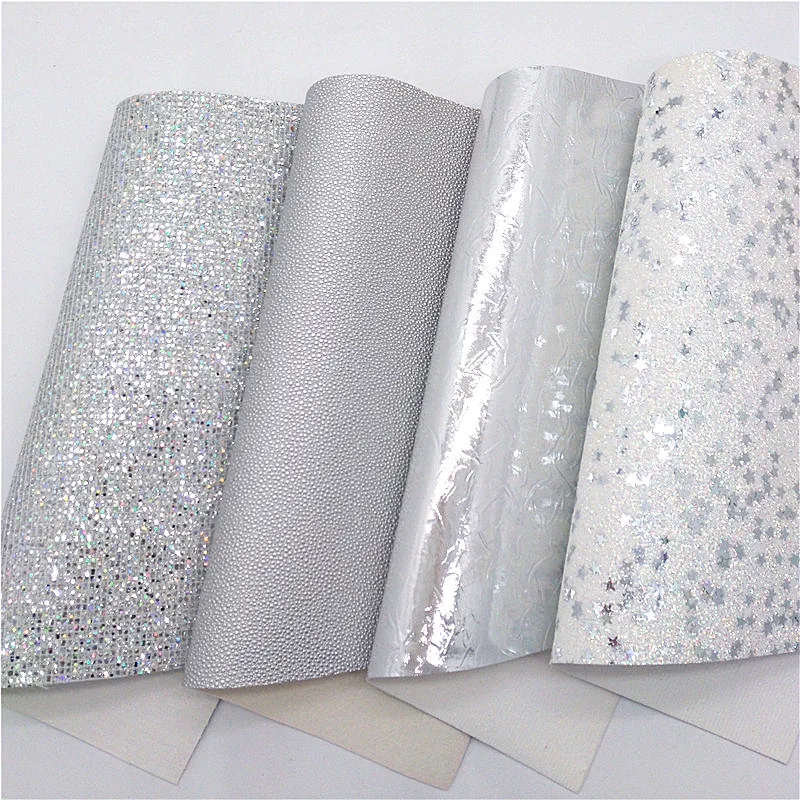 Shimmer Glitter with Silver Star Mesh Glitter Leather Caviar Synthetic Leather Fabric Winkle Leather For Bows DIY 21x29CM Q1325